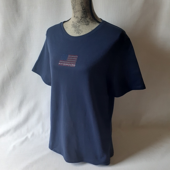 Ms.Lee women's navy blue USA flag short sleeve top - Picture 2 of 8